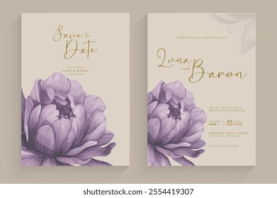 Double Sided Wedding Invitation Template with Purple Rose Arrangement