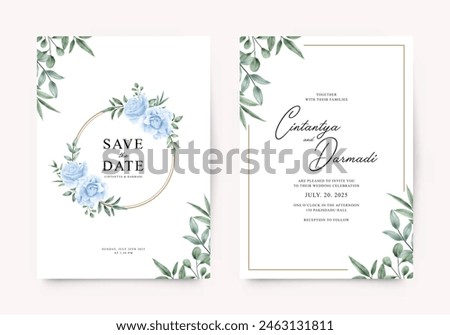 Double sided wedding invitation template with blue roses and leaves