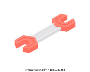 Double sided wrench isometric icon. Red symbol of repair workshop and construction. Mechanical service and tech support workshop. Steel development industrial direction vector illustration.