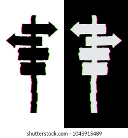 Double silhouette signpost with glitch effect on black and white background