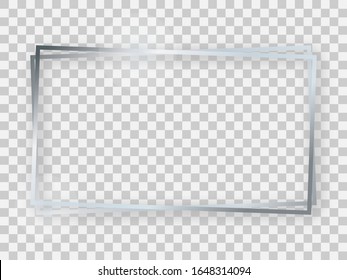 Double silver shiny 16x9 rectangular frame with glowing effects and shadows on transparent background. Vector illustration