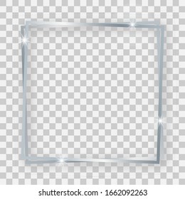 Double silver shiny square frame with glowing effects and shadows on transparent background. Vector illustration