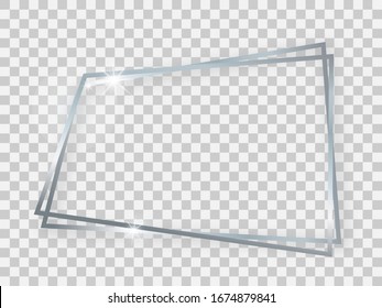 Double silver shiny trapezoid frame with glowing effects and shadows on transparent background. Vector illustration