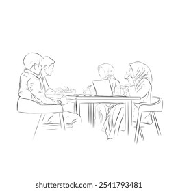 double sketch of a couple eating and drinking together while discussing business