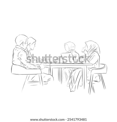 double sketch of a couple eating and drinking together while discussing business