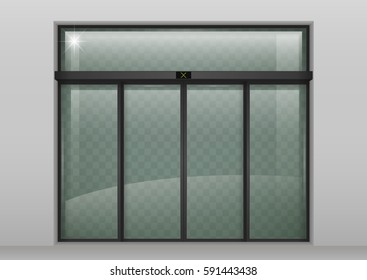 Double Sliding Glass Doors With Automatic Motion Sensor. Entrance To The Office, Train Station, Supermarket.