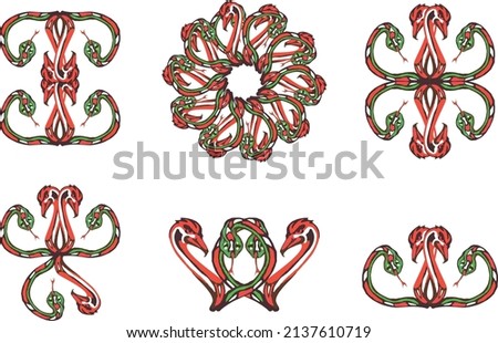 Double snake-eagle symbols in red-green tonality on white. Abstract twisted eagle and a snake for emblems, holidays and events, textiles, fabric products, prints, embroidery, fashion trends, etc.