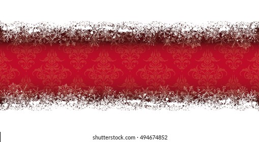 Double snow banner on the red background with ornaments. Eps 10 vector file.