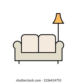Double Sofa Arm Chair with Floor Lamp Light Office Decor Vector Icon Design