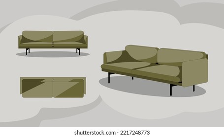 Double sofa vector illustration. Front view, top view, perspective. Soft couch for room and home interior design.