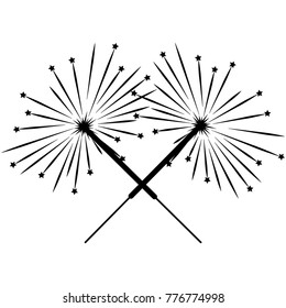 Double sparkler sign with stars. Celebration symbol. Image of bengal light. Beautiful black icon isolated on white background. Logo for holiday, celebration. Mark of spark for magic. Stock vector