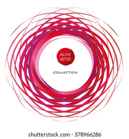 Double Spiral Red Whirlpool frame - vector circle design element. Bright red waves on white surface - round digital border. Science, innovation concept. Pure natural energy. Tech radial logo.