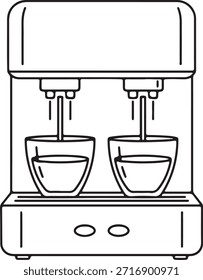 Doppel-Auslauf Kaffeemaschine Linie Zeichnung mit zwei Espresso Tassen und minimalistisches Design