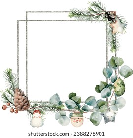 Double square brilliant silver frames withspruce, fir, cedar branches, eucalyptus, pine cones, winter berries, christmas toys. Greenery. Template for text, greeting cards, invitation, wedding card, ce
