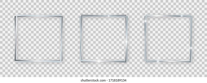 Double square shiny frames with glowing effects. Set of three silver double square frames with shadows on transparent background. Vector illustration