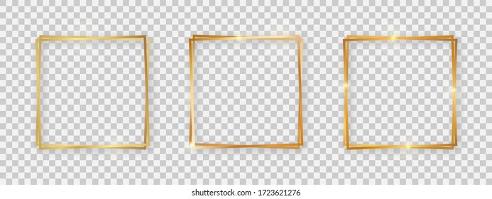 Double square shiny frames with glowing effects. Set of three gold double square frames with shadows on transparent background. Vector illustration