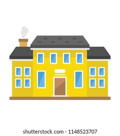 
A double storey house building with windows and hut shape of roof depicting gambrel house exterior 

