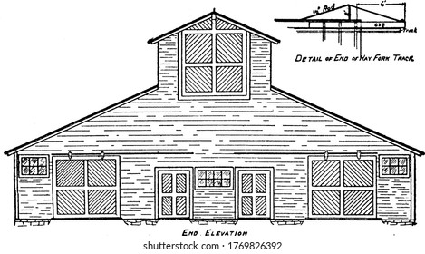 Construcción de dos pisos para ganado vacuno, dibujo de línea vintage o ilustración de grabado.