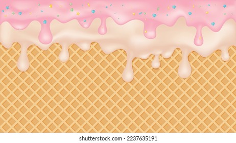 Double strawberry and vanilla ice cream melted on a waffle cone background.