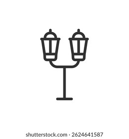 Double street lamp, linear icon. Outdoor lighting post for public areas. Line with editable stroke.