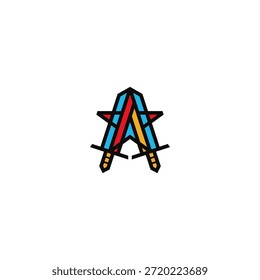 Doppelschwert mit sternabstraktem Logo.