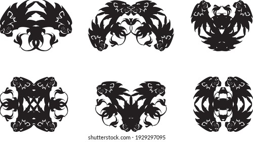 Double symbols of a lion's head on a white background. Flaming lion's symbols for logos, tattoos, sport emblems, prints, embroidery, stikers, decal, web icons, engraving, textiles, vinyl cutting, etc.