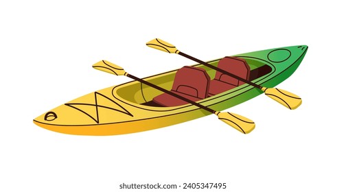 Double tandem kayak with paddles. Sport boat with oars for rafting, rowing, surfing on water. Adventure vessel, transport for leisure activity. Flat vector illustration isolated on white background