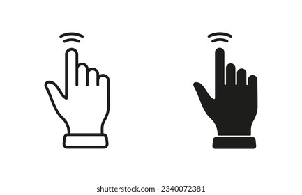 Double Tap Gesture, Hand Cursor of Computer Mouse Line and Silhouette Black Icon Set. Pointer Finger Pictogram. Click, Double Press, Touch, Point Sign Collection. Isolated Vector Illustration.