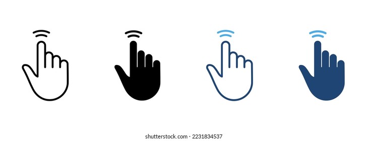 Doble pulsación de línea de gesto y conjunto de iconos de color de silueta. Cursor manual del pictograma del ratón de computadora. Puntero Dedo Haga clic en Presionar Colección de símbolos táctil en fondo blanco. Ilustración de vectores aislados.
