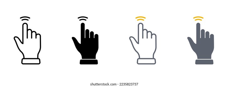 Doble pulsación de línea de gesto y conjunto de iconos de color de silueta. Cursor manual del pictograma del ratón de computadora. Puntero Dedo Haga clic en Presionar Colección de símbolos táctil en fondo blanco. Ilustración de vectores aislados.
