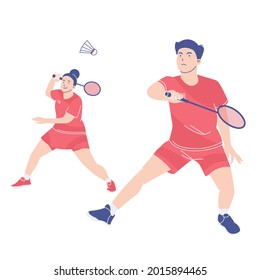 Double team badminton player. Athletes in uniform playing badminton. Professional badminton players during sports match. Colored flat vector illustration of isolated sportsman