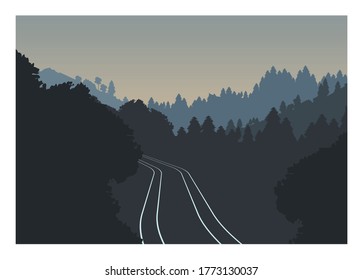 Double track railroad passing mountain. Simple flat illustration