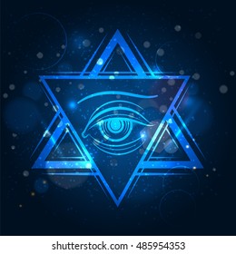 Double triangle and eyeicon. Freemasony vector sign on blue shining background