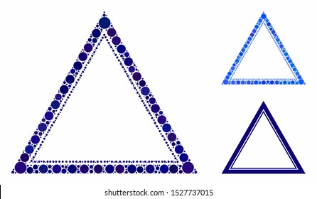 Double triangle frame mosaic of circle elements in various sizes and color tints, based on double triangle frame icon. Vector round elements are united into blue mosaic.
