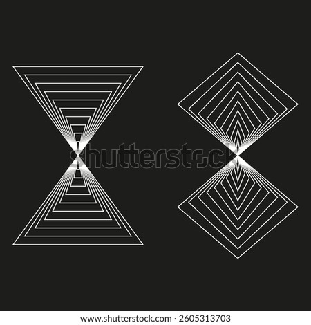 Double triangle illusion. Symmetrical shape design. Abstract vector hourglass. Black background lines.