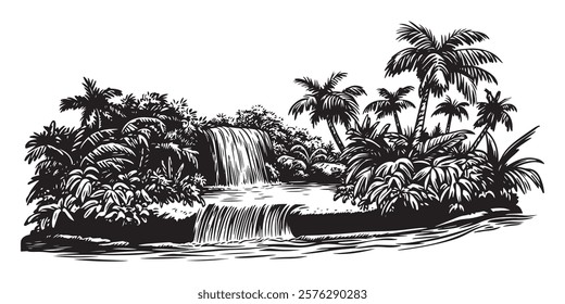 double tropical waterfall with palm trees and lush jungle hand-drawn illustration