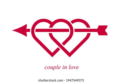 Double two hearts with cupid arrow from bow vector icon or logo, wedding and couple concept romantic theme, care and togetherness, two linked hearts connected.