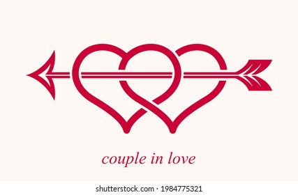 Double two hearts with cupid arrow from bow vector icon or logo, wedding and couple concept romantic theme, care and togetherness, two linked hearts connected.
