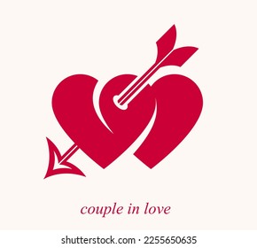 Double two hearts with cupid arrow from bow vector icon or logo, wedding and couple concept romantic theme, care and togetherness, two linked hearts connected.