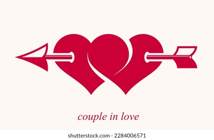 Double two hearts with cupid arrow from bow vector icon or logo, wedding and couple concept romantic theme, care and togetherness, two linked hearts connected.