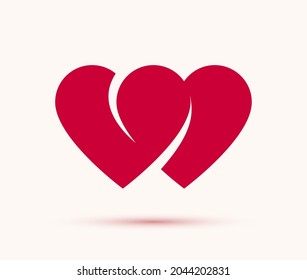 Double two hearts vector icon or logo, wedding and couple concept romantic theme, care and togetherness, two linked hearts connected. svg