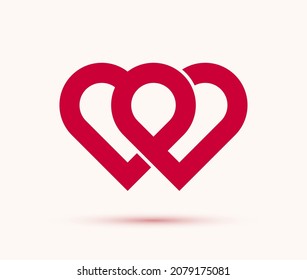 Double two hearts vector icon or logo, wedding and couple concept romantic theme, care and togetherness, two linked hearts connected.