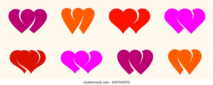 Double two hearts vector icons or logos set, wedding and couple concept romantic theme, care and togetherness, two linked hearts connected.