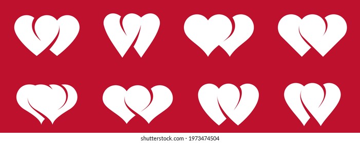 Double two hearts vector icons or logos set, wedding and couple concept romantic theme, care and togetherness, two linked hearts connected.