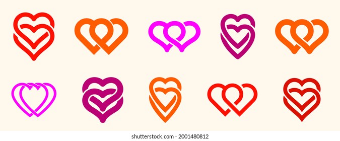 Double two hearts vector icons or logos set, wedding and couple concept romantic theme, care and togetherness, two linked hearts connected.