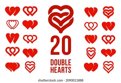 Double two hearts vector icons or logos set, wedding and couple concept romantic theme, care and togetherness, two linked hearts connected. svg