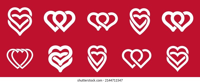 Double two hearts vector icons or logos set, wedding and couple concept romantic theme, care and togetherness, two linked hearts connected.