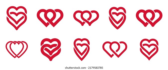 Double two hearts vector icons or logos set, wedding and couple concept romantic theme, care and togetherness, two linked hearts connected.