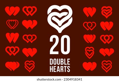 Doble dos iconos vectoriales de corazones o conjunto de logos, matrimonio y pareja concepto de tema romántico, cuidado y unión, dos corazones vinculados conectados.