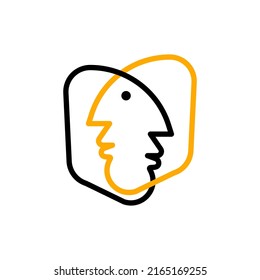 Double of two male profiles, empathy symbol. Coaching logo, relationships, communication icon. Vector illustration